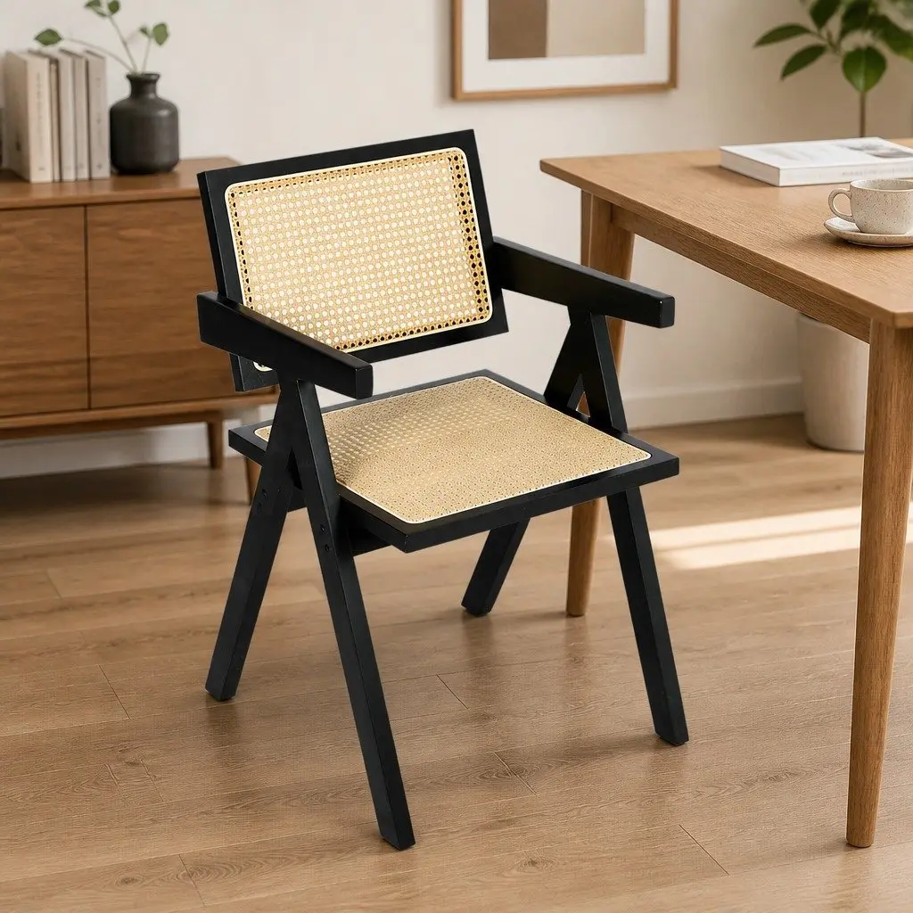 Black Wicker Armchair with Rattan Backrest