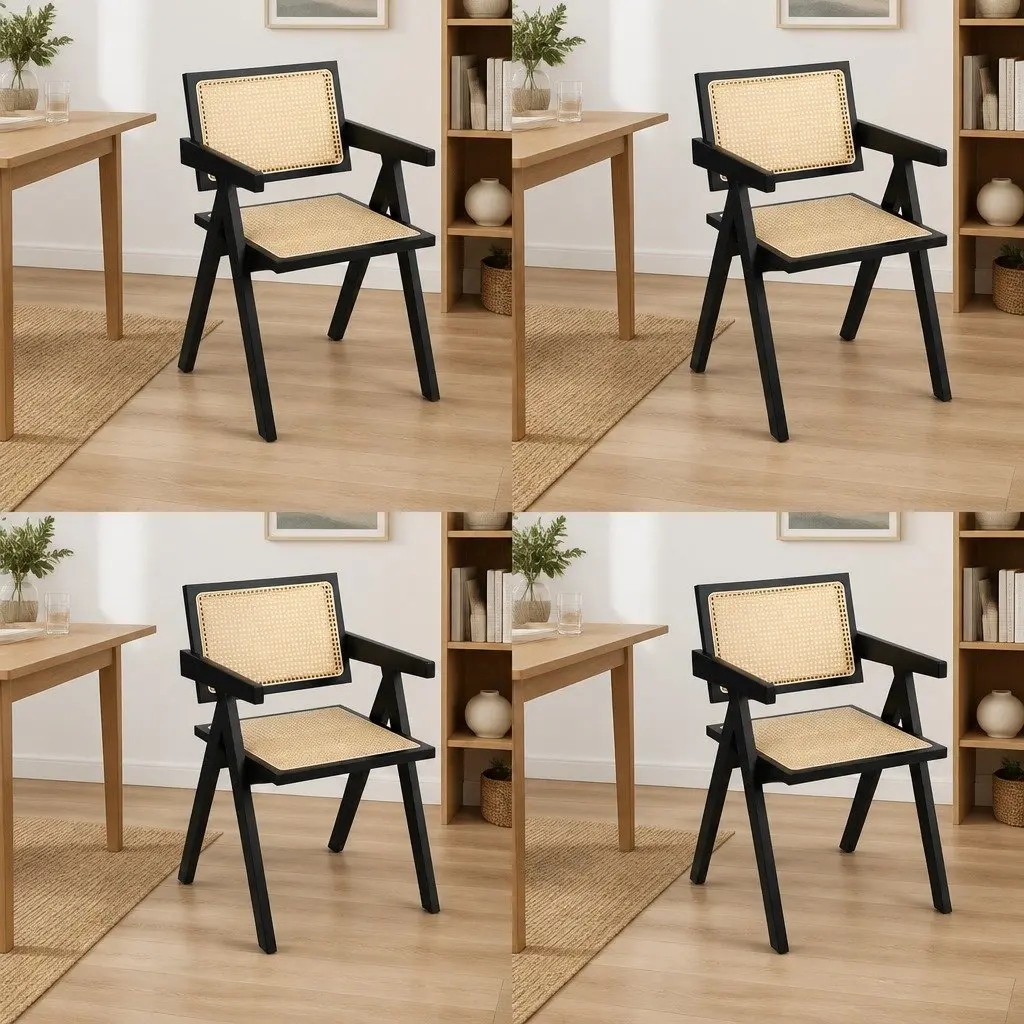 Black Rattan Armchair Dining Chair Set of 4 Rubber Wood Frame Lounge Seating