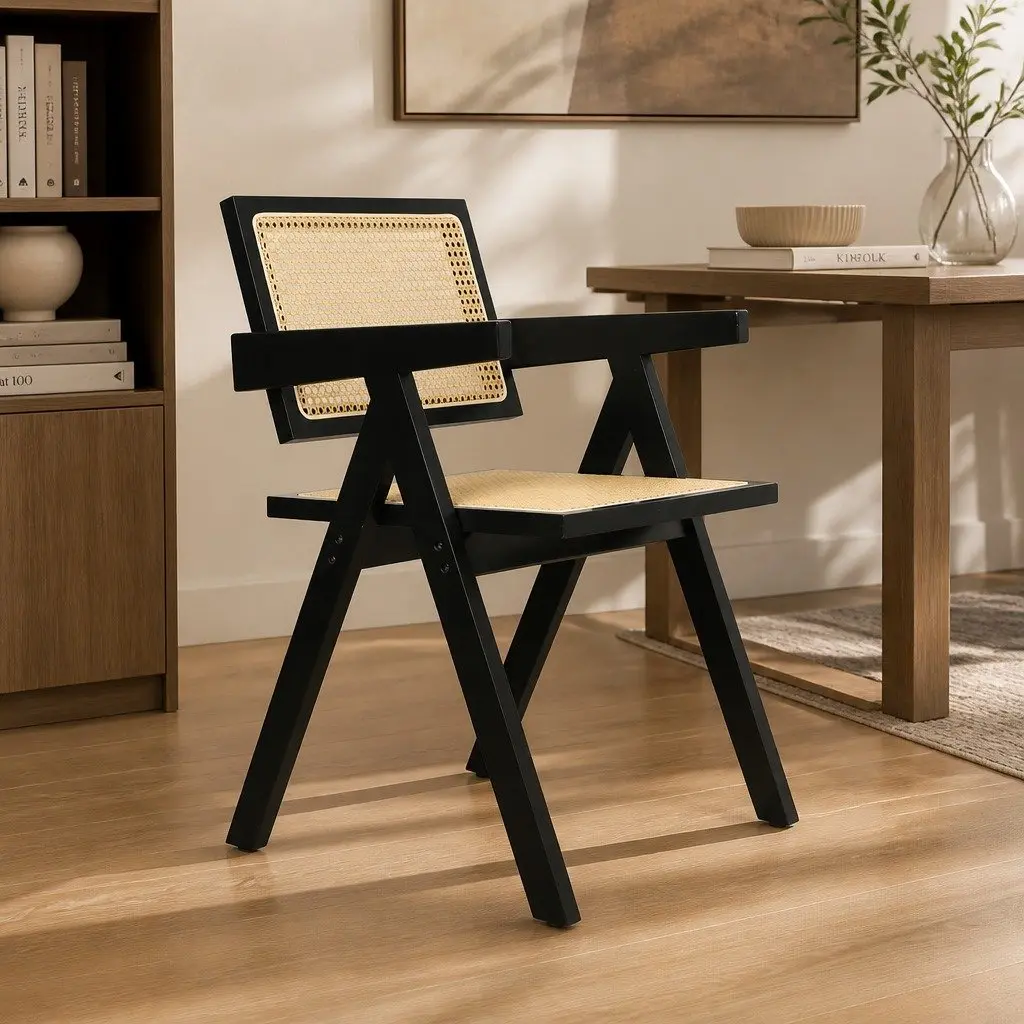 Black Rattan Armchair Dining Chair Set of 4 Rubber Wood Frame Lounge Seating