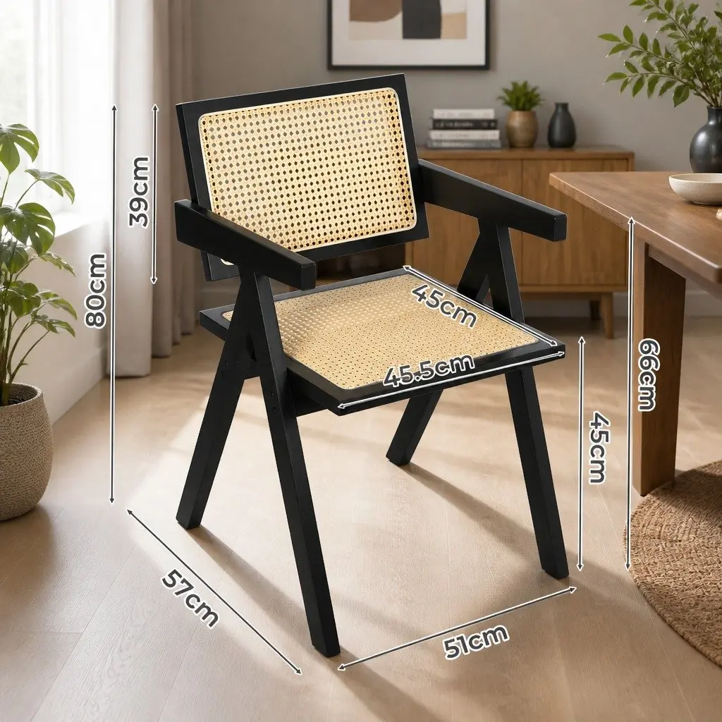 Black Rattan Armchair Dining Chair Set of 4 Rubber Wood Frame Lounge Seating