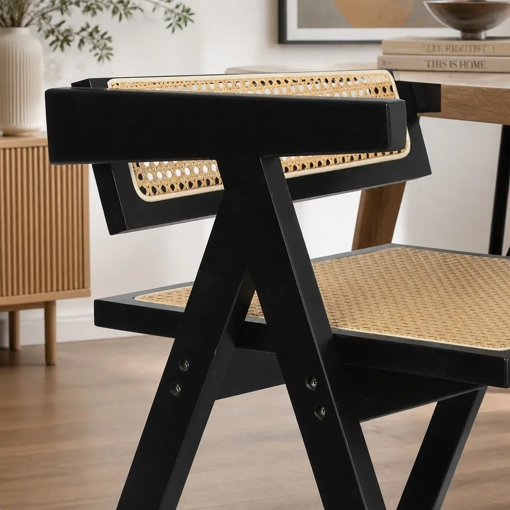 Black Rattan Armchair Dining Chair Set of 4 Rubber Wood Frame Lounge Seating