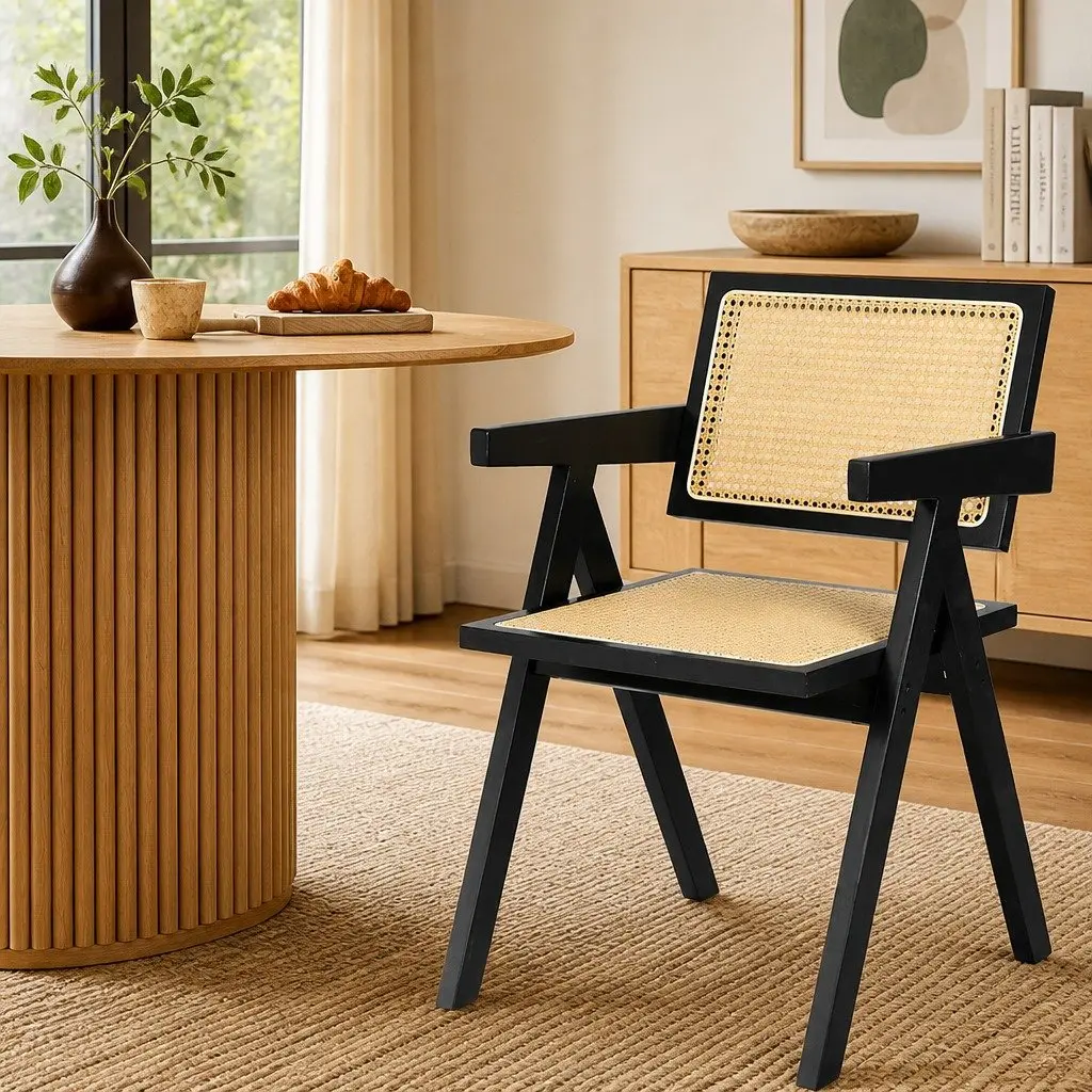 Black Rattan Armchair Dining Chair Set of 4 Rubber Wood Frame Lounge Seating