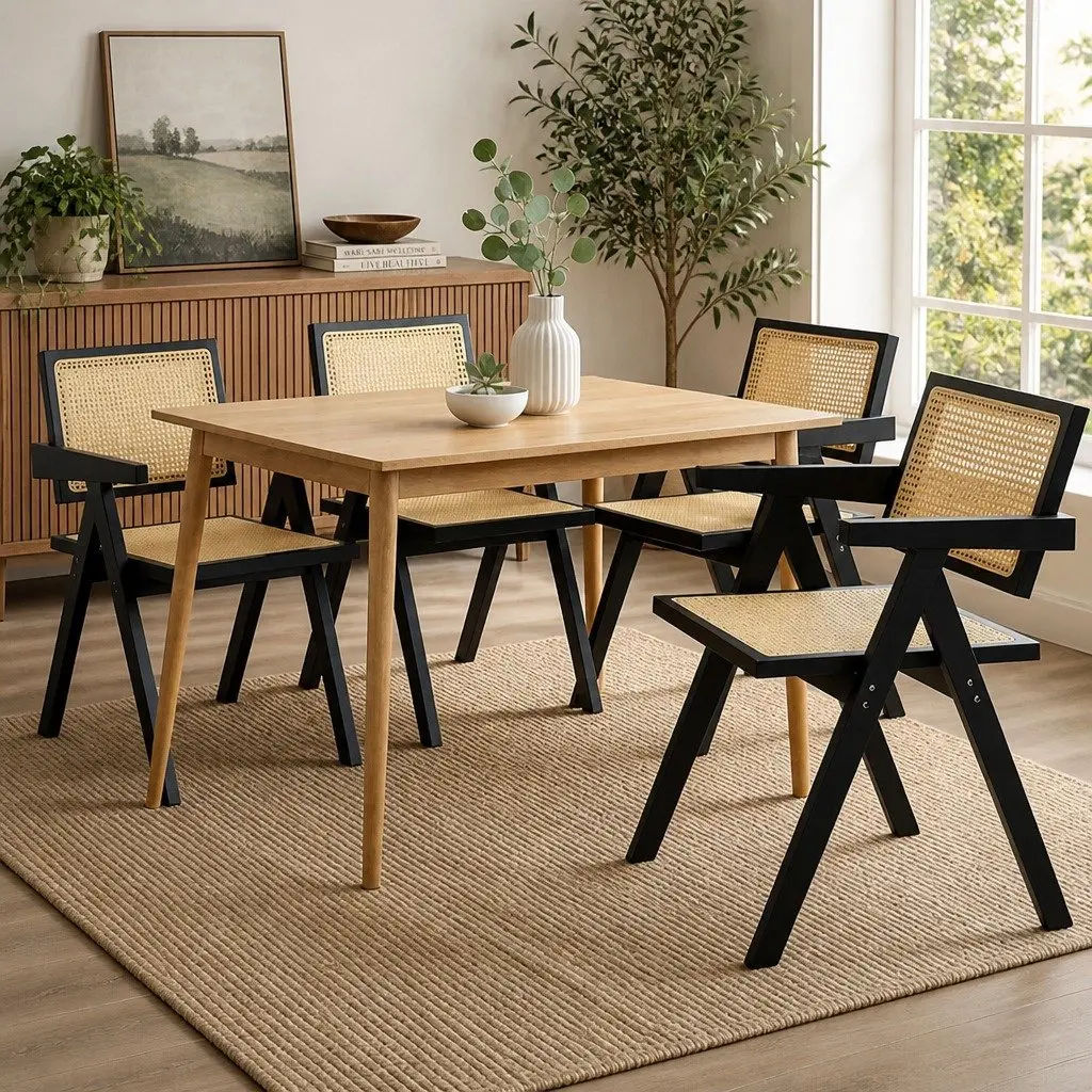 Black Rattan Armchair Dining Chair Set of 4 Rubber Wood Frame Lounge Seating