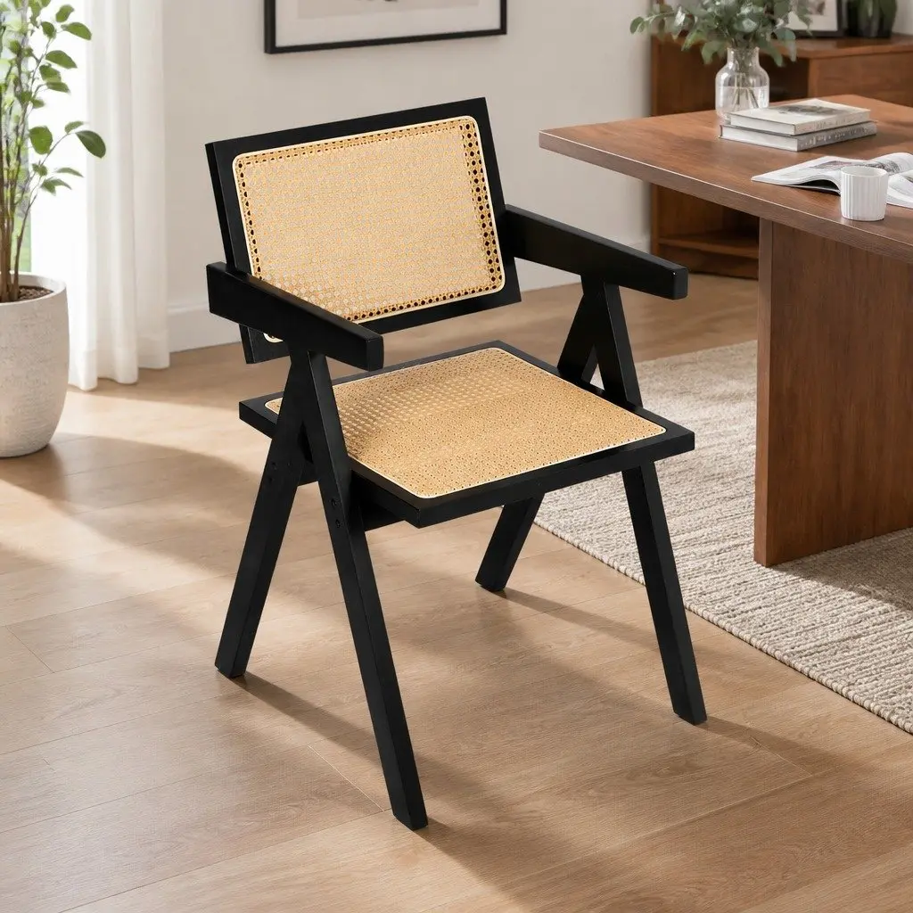 Black Rattan Armchair Dining Chair Set of 4 Rubber Wood Frame Lounge Seating