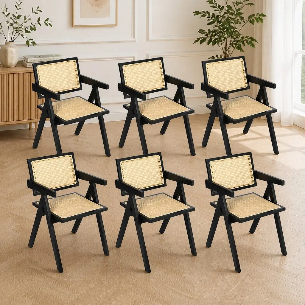 Black Wicker Armchair Dining Chair Set of 6 Lounge Seating with Rattan Backrest