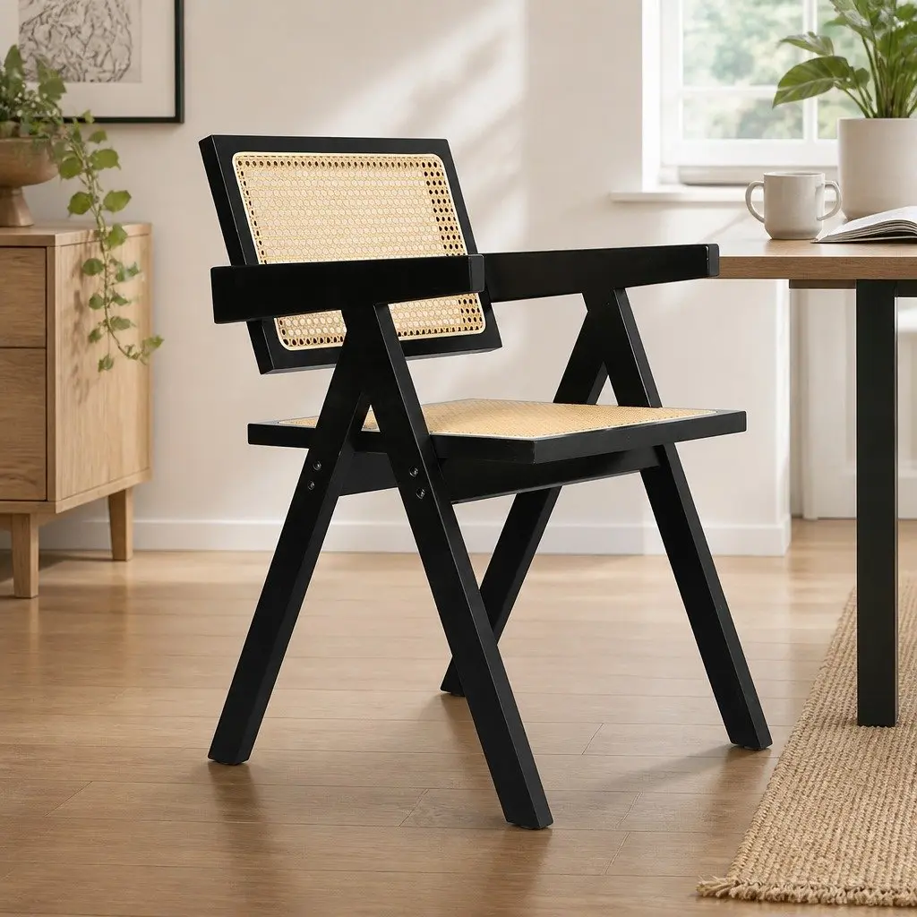 Black Wicker Armchair Dining Chair Set of 6 Lounge Seating with Rattan Backrest