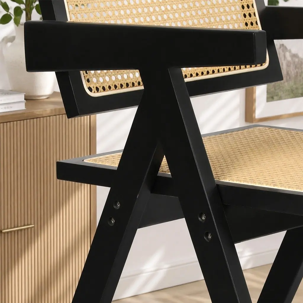 Black Wicker Armchair Dining Chair Set of 6 Lounge Seating with Rattan Backrest