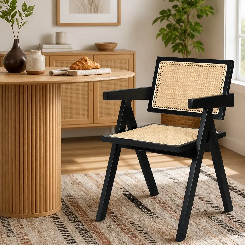 Black Wicker Armchair Dining Chair Set of 6 Lounge Seating with Rattan Backrest