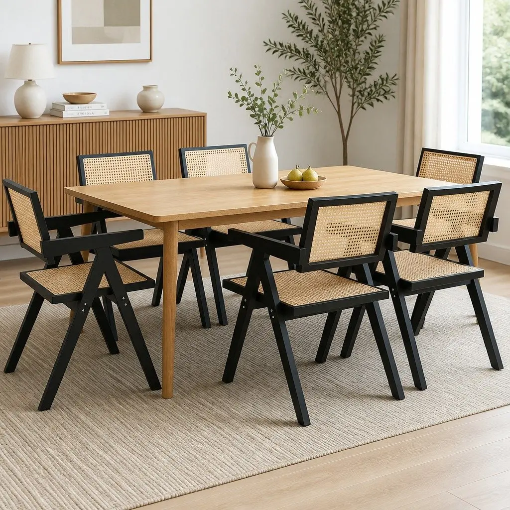 Black Wicker Armchair Dining Chair Set of 6 Lounge Seating with Rattan Backrest