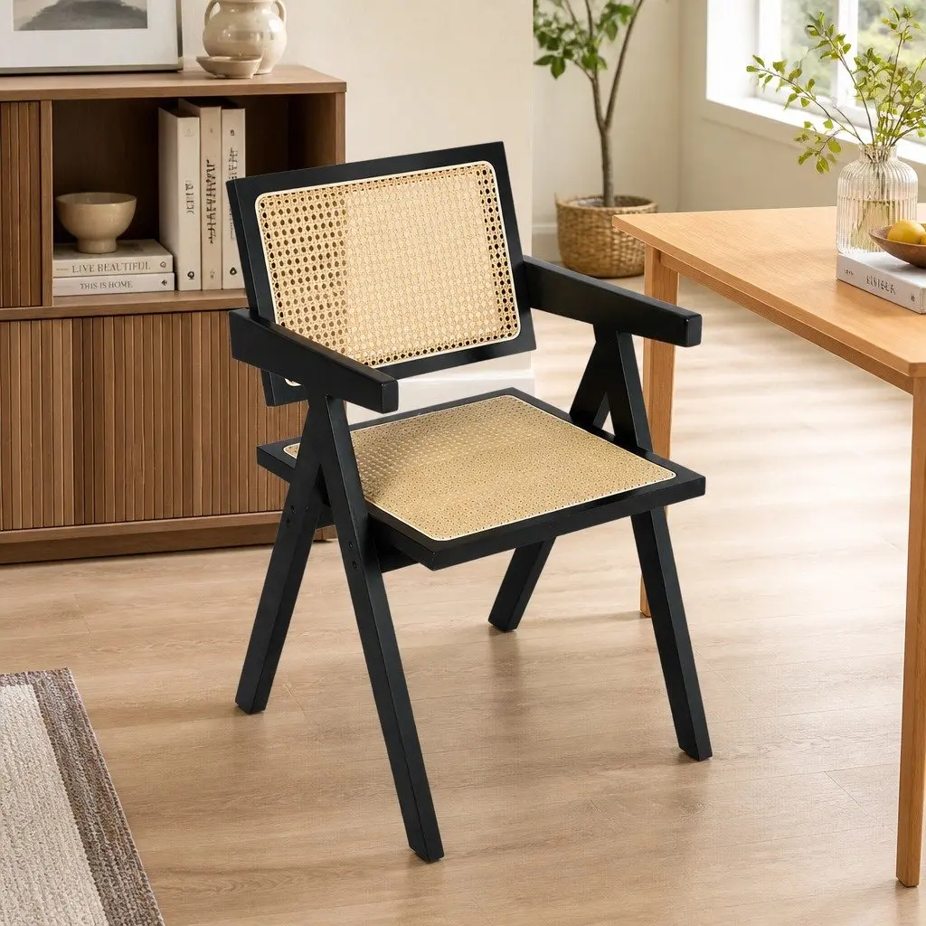 Black Wicker Armchair Dining Chair Set of 6 Lounge Seating with Rattan Backrest