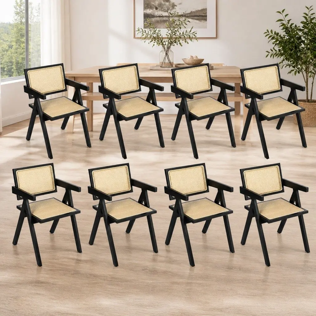 Black Wicker Armchair Dining Chair Set of 8 Lounge Seating with Rattan Backrest