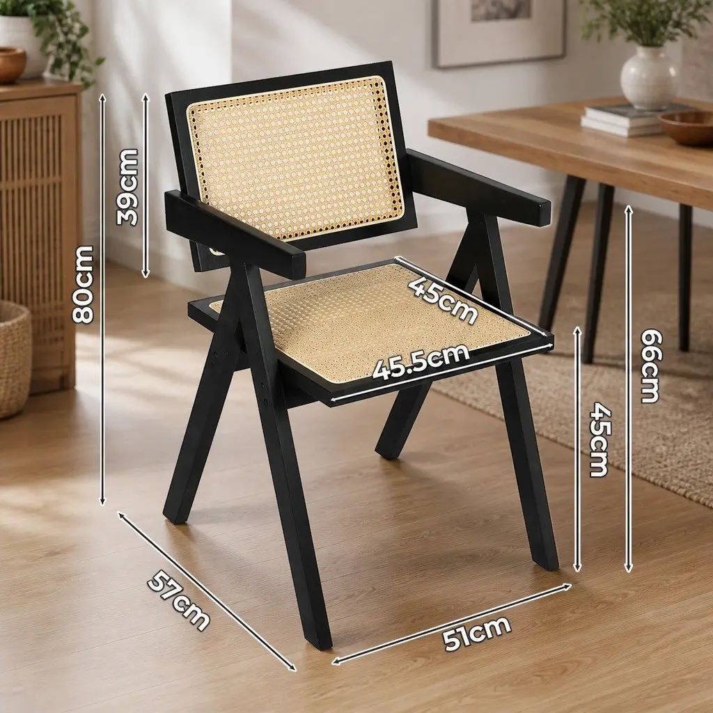 Black Wicker Armchair Dining Chair Set of 8 Lounge Seating with Rattan Backrest