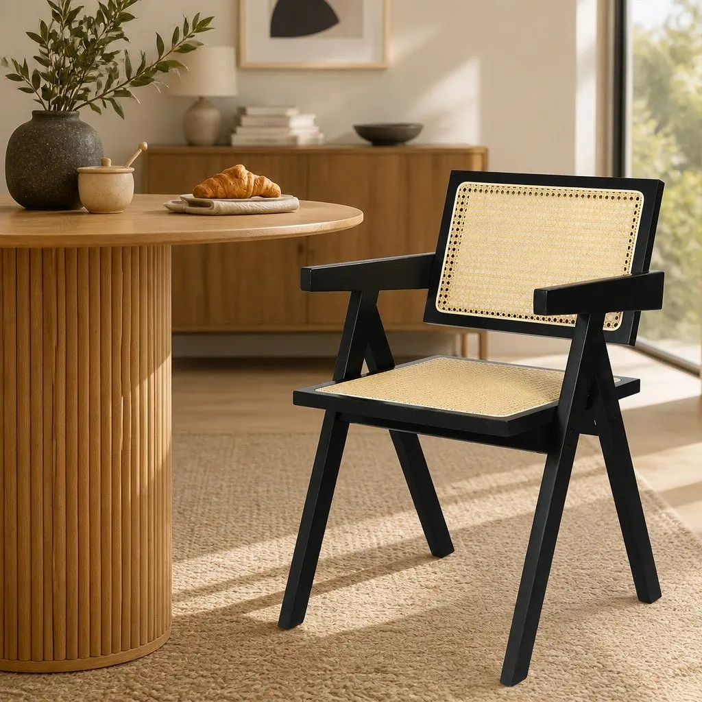 Black Wicker Armchair Dining Chair Set of 8 Lounge Seating with Rattan Backrest
