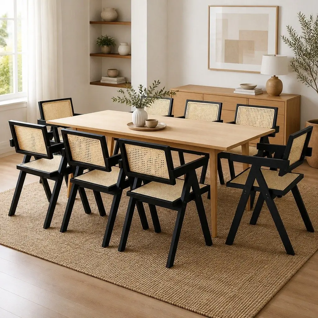 Black Wicker Armchair Dining Chair Set of 8 Lounge Seating with Rattan Backrest