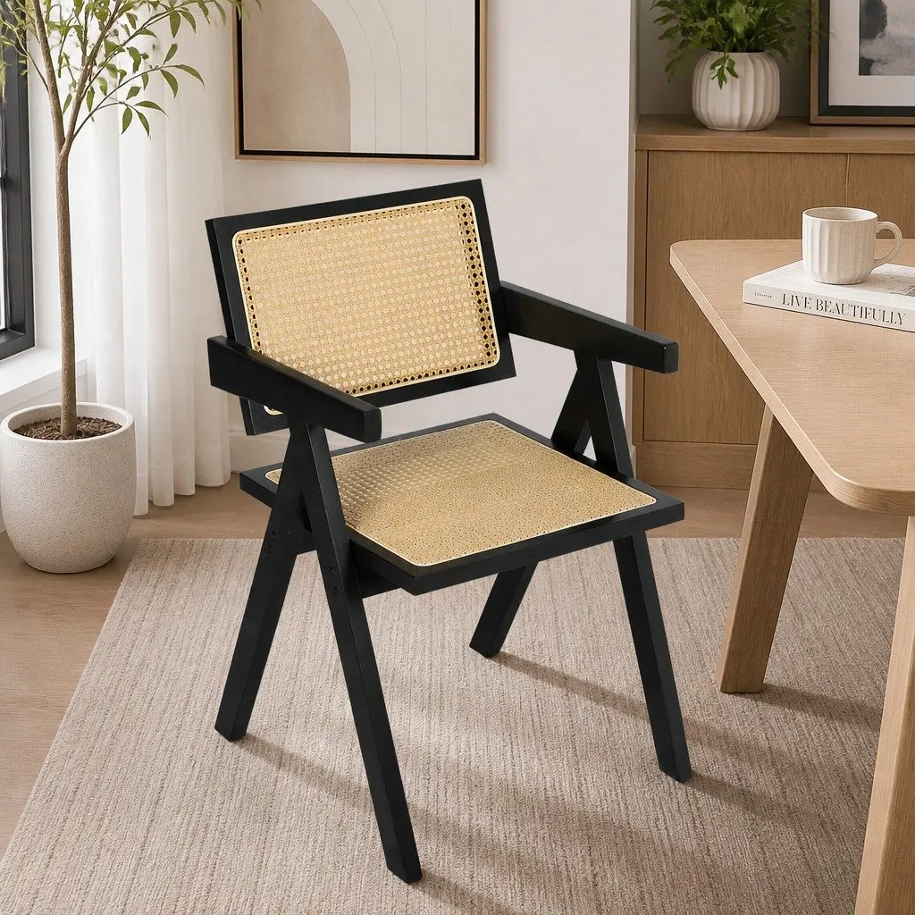 Black Wicker Armchair Dining Chair Set of 8 Lounge Seating with Rattan Backrest