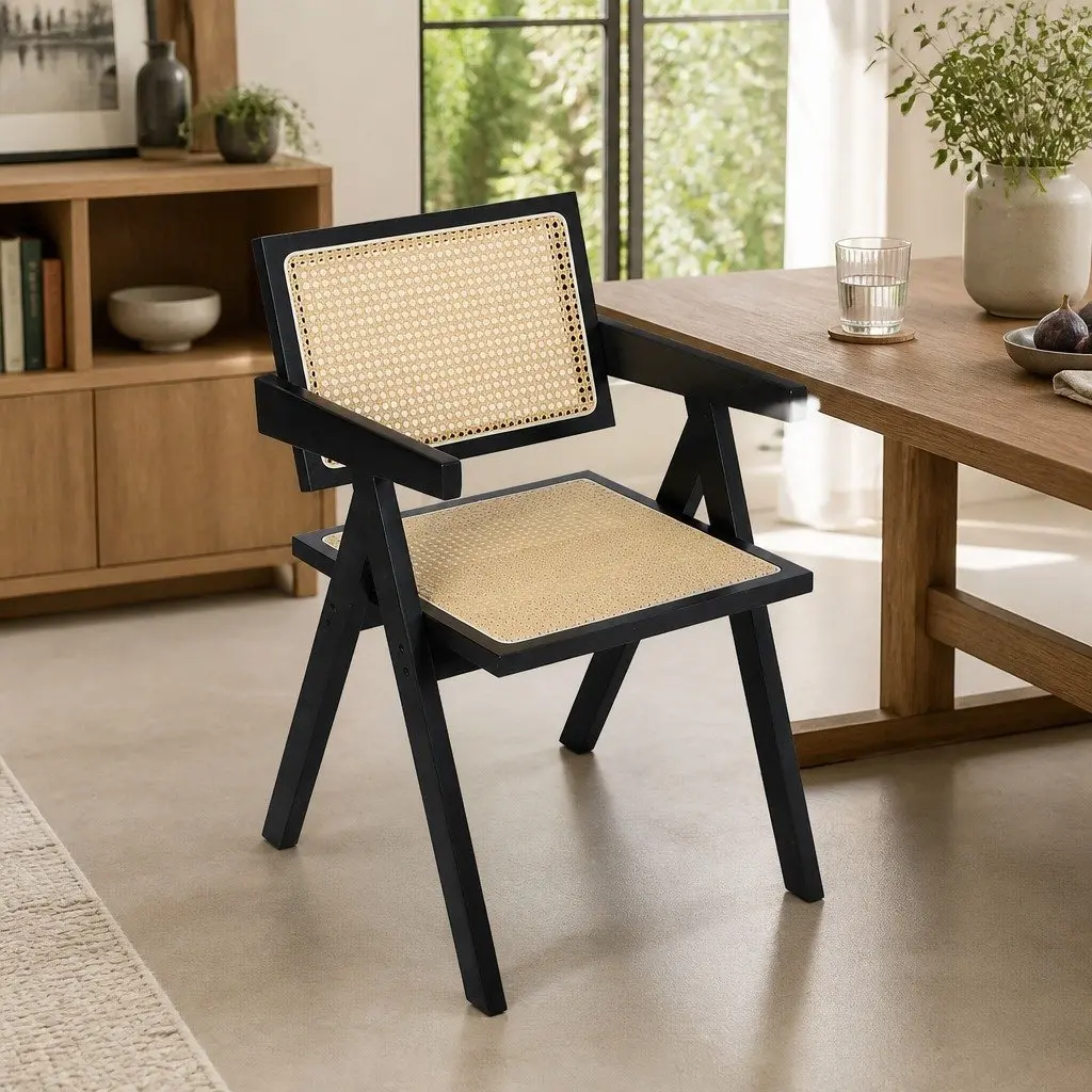 Wicker Dining Chair Rattan Armrest Wooden Frame Indoor Furniture