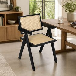 Wicker Rattan Dining Chair with Armrests and Wooden Frame