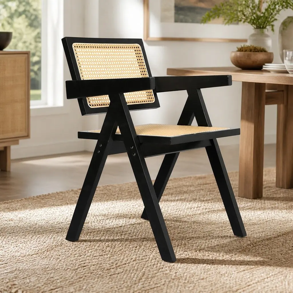 Wicker Dining Chair Rattan Armrest Wooden Frame Indoor Furniture
