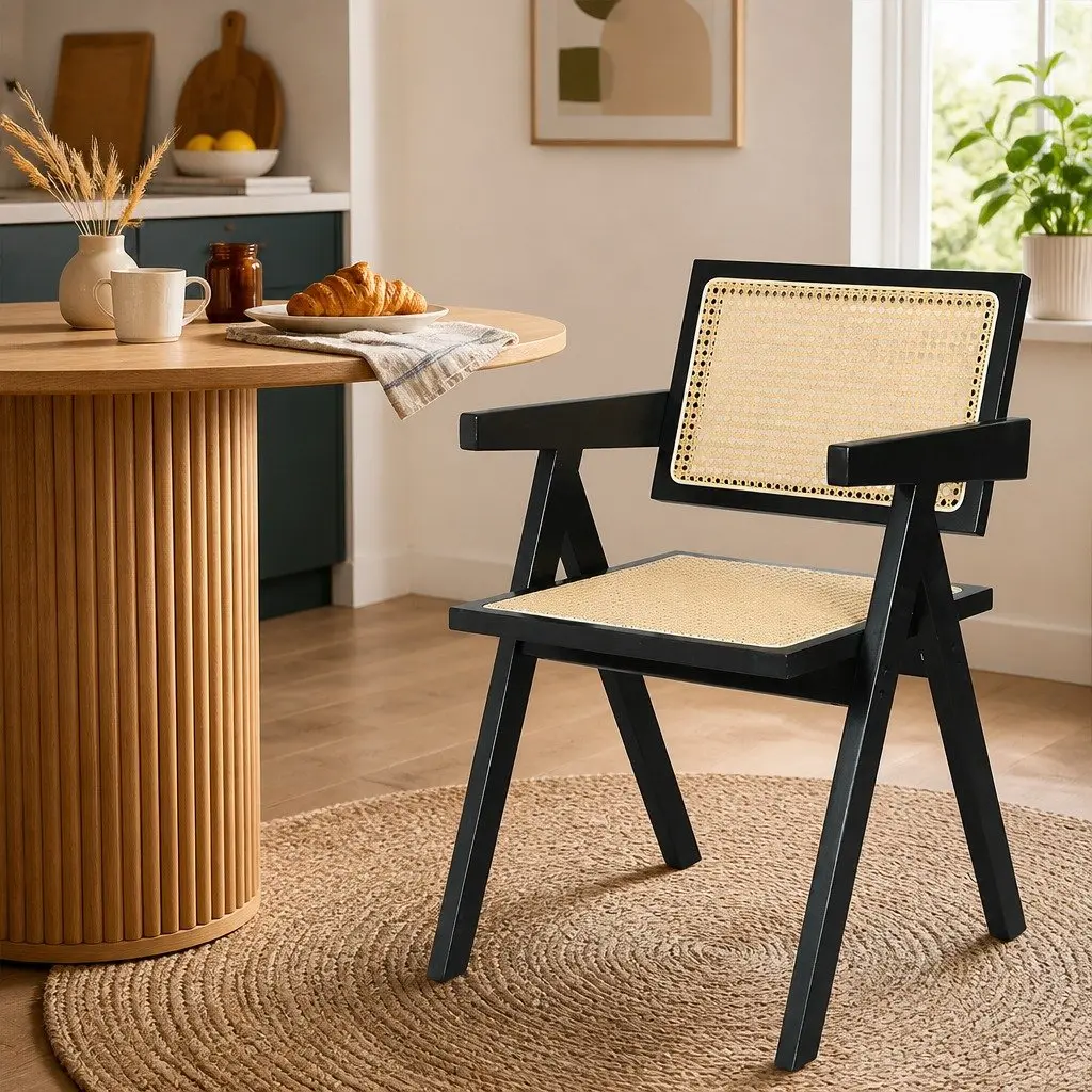 Wicker Dining Chair Rattan Armrest Wooden Frame Indoor Furniture