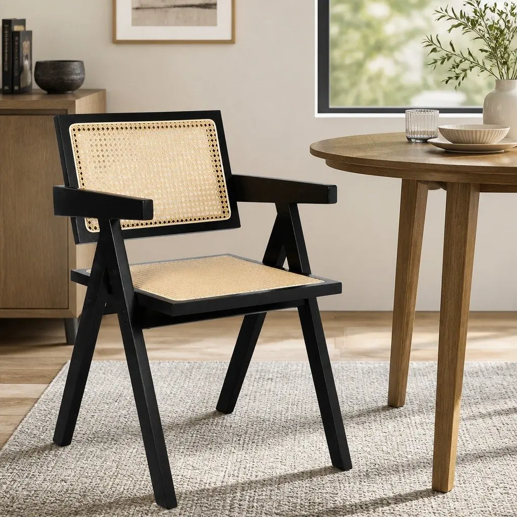 Wicker Dining Chair Rattan Armrest Wooden Frame Indoor Furniture