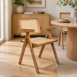 Natural Rubber Wood Dining Chair with Rattan Weave