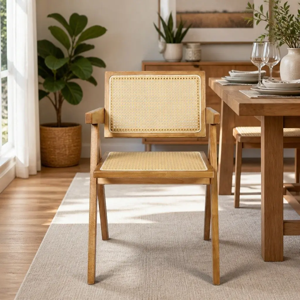Natural Rubber Wood Dining Chair with Rattan Weave