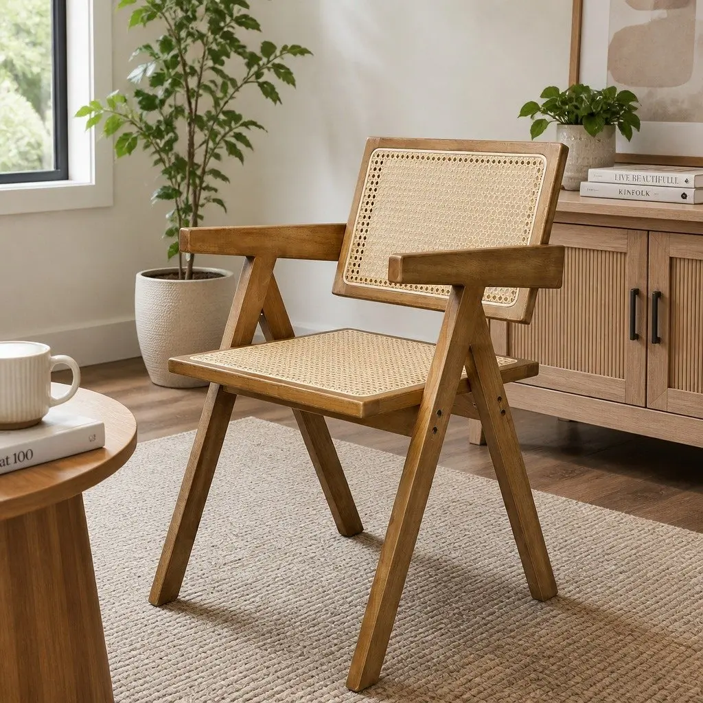 Natural Rubber Wood Dining Chair with Rattan Weave