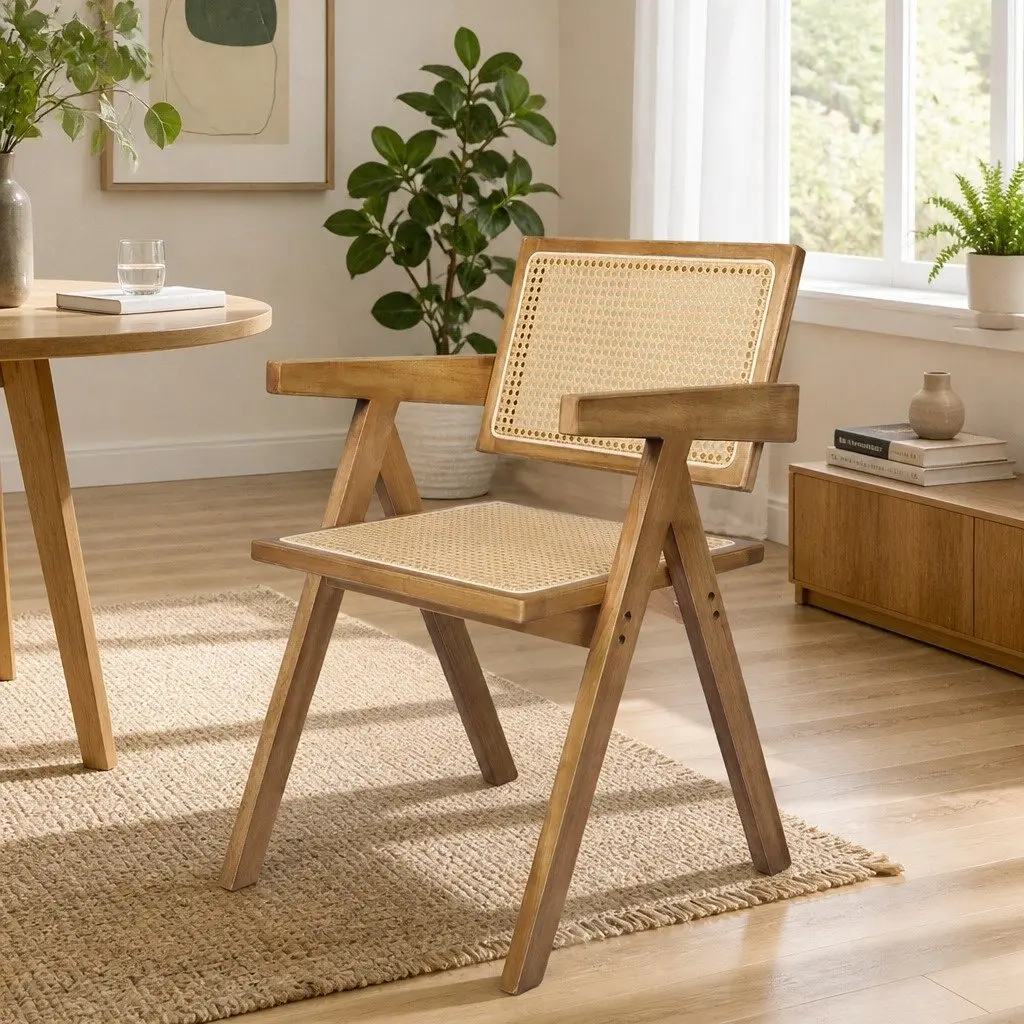 Natural Rubber Wood Dining Chair with Rattan Weave