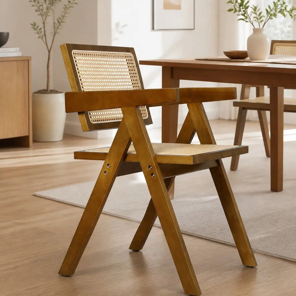 Dining Chair with Solid Frame and Rattan Seat