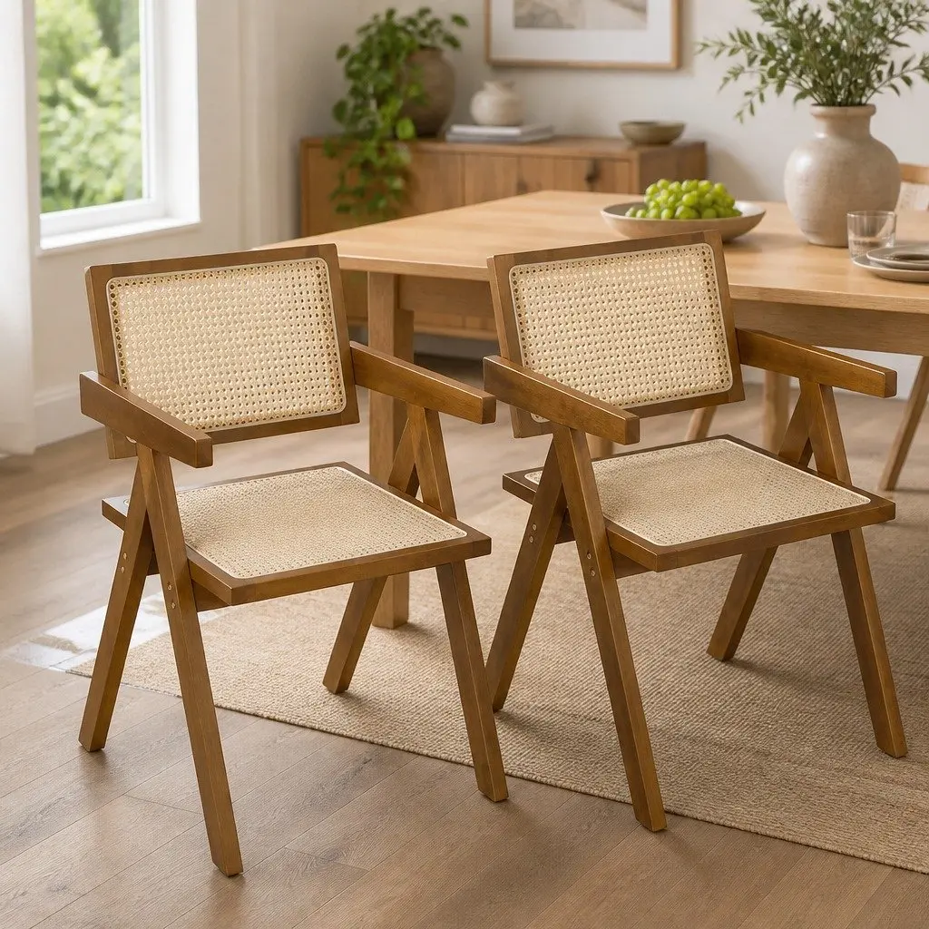Wicker Dining Chair Rattan Walnut Wooden Armchair with Cushion Modern Home