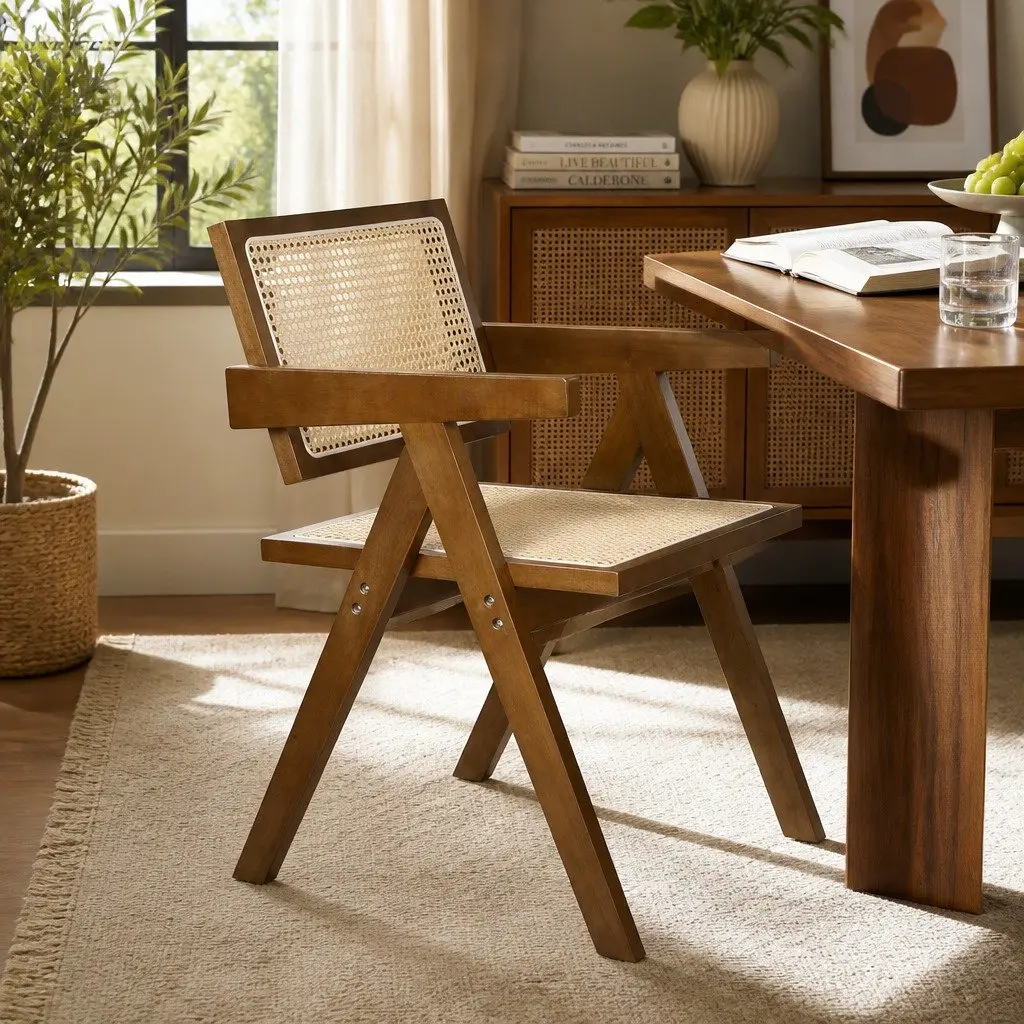 Wicker Dining Chair Rattan Walnut Wooden Armchair with Cushion Modern Home