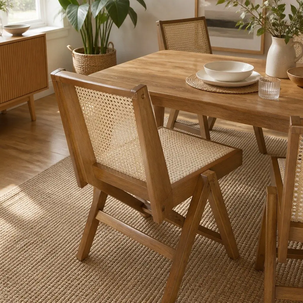 Wicker Dining Chair Rattan Walnut Wooden Armchair with Cushion Modern Home