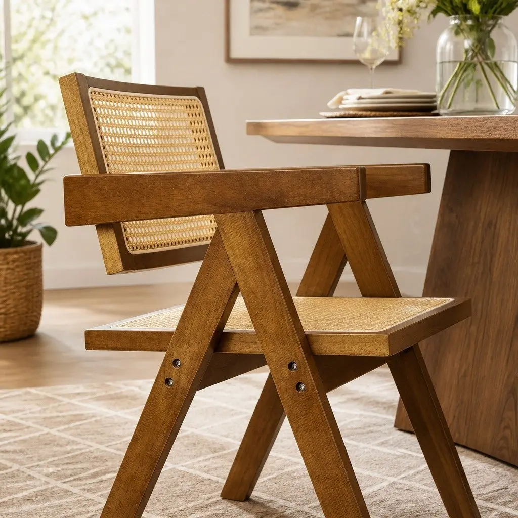 Wicker Dining Chair Rattan Walnut Wooden Armchair with Cushion Modern Home