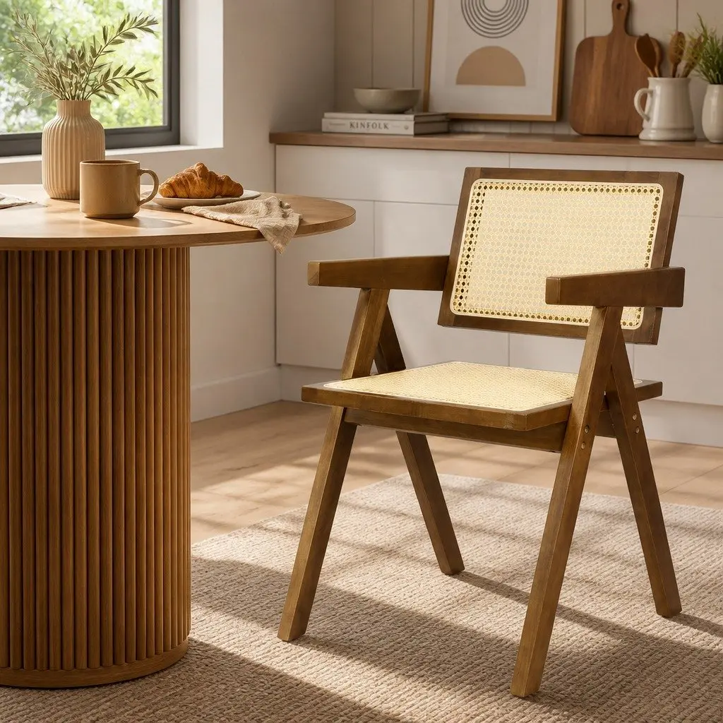 Wicker Dining Chair Rattan Walnut Wooden Armchair with Cushion Modern Home