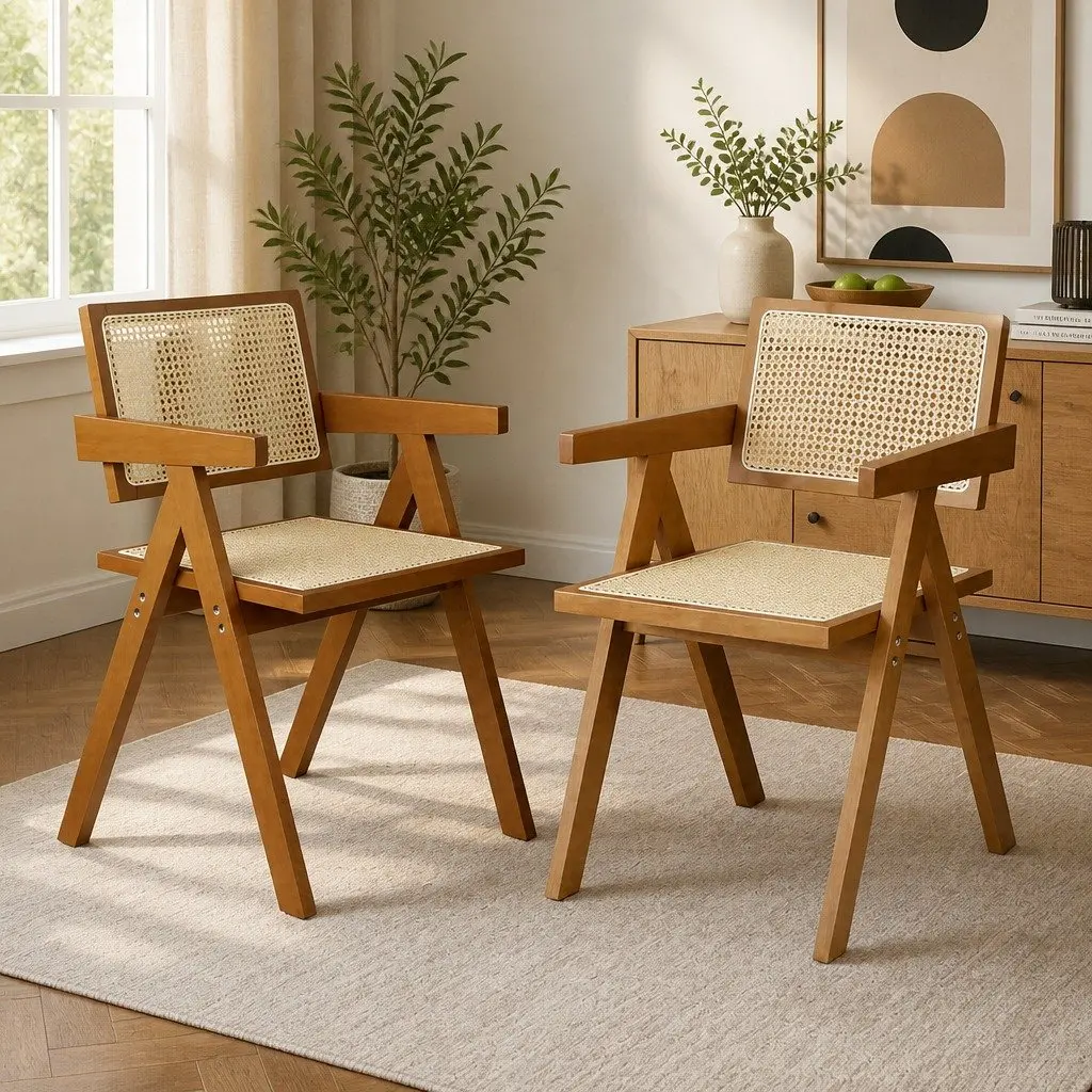 Wicker Dining Chair Rattan Walnut Wooden Armchair with Cushion Modern Home