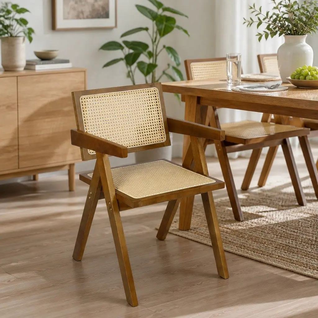 Wicker Dining Chair Rattan Walnut Wooden Armchair with Cushion Modern Home