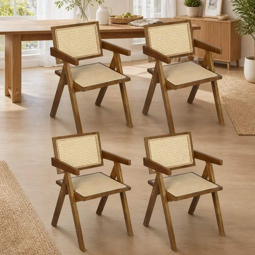 Dining Chair Set 4 Walnut Rattan Wooden Armchair Retro Style