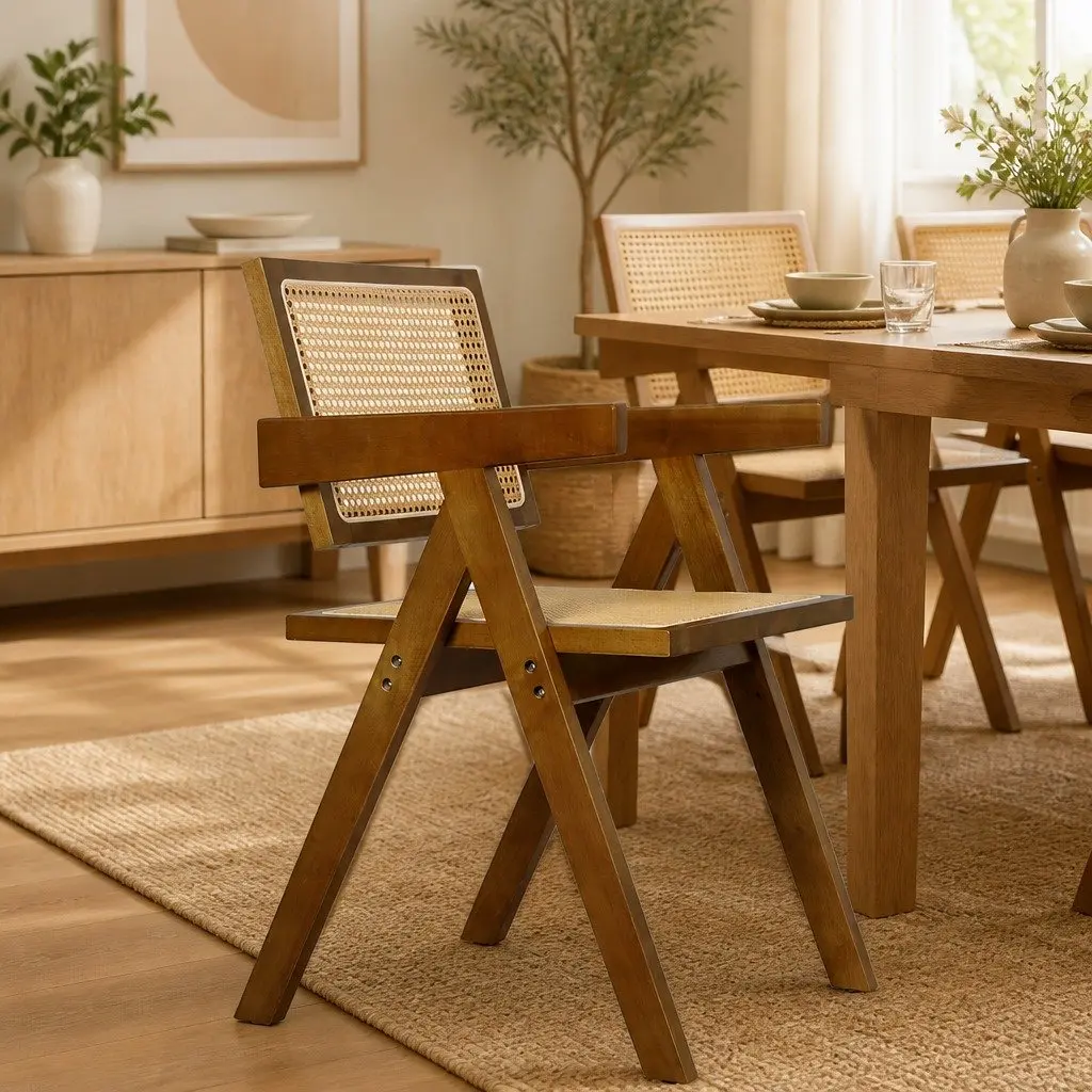 Dining Chair Set 4 Walnut Rattan Wooden Armchair Retro Style