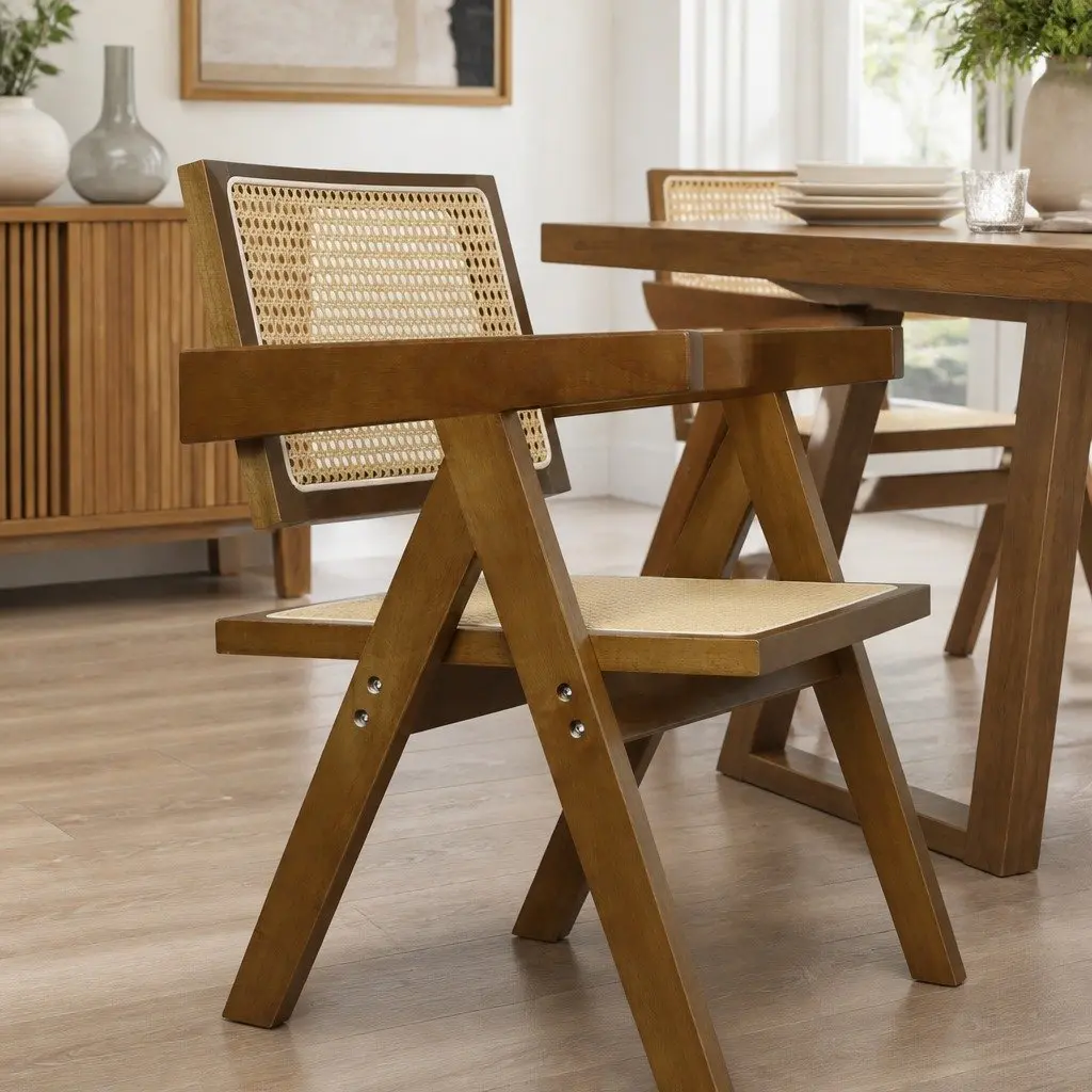 Dining Chair Set 4 Walnut Rattan Wooden Armchair Retro Style