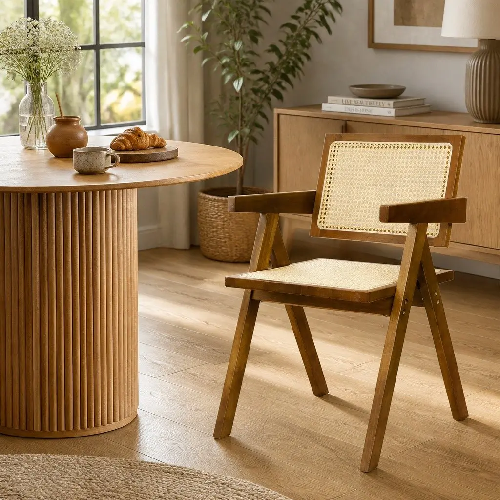 Dining Chair Set 4 Walnut Rattan Wooden Armchair Retro Style