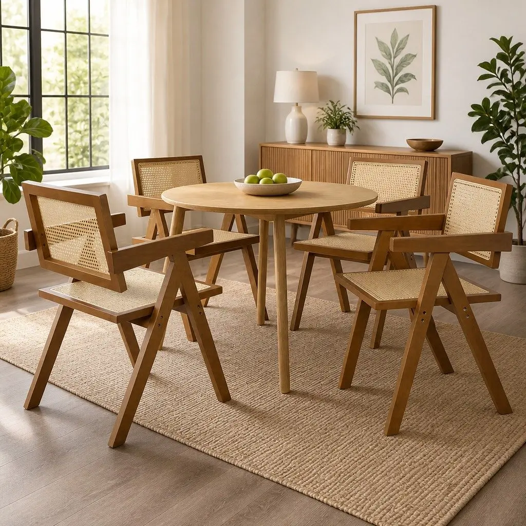 Dining Chair Set 4 Walnut Rattan Wooden Armchair Retro Style