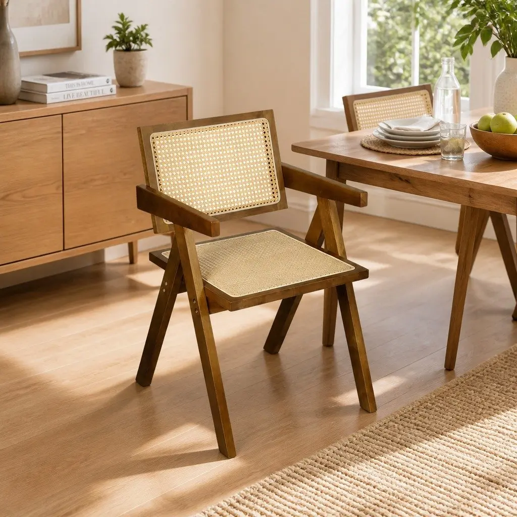 Dining Chair Set 4 Walnut Rattan Wooden Armchair Retro Style