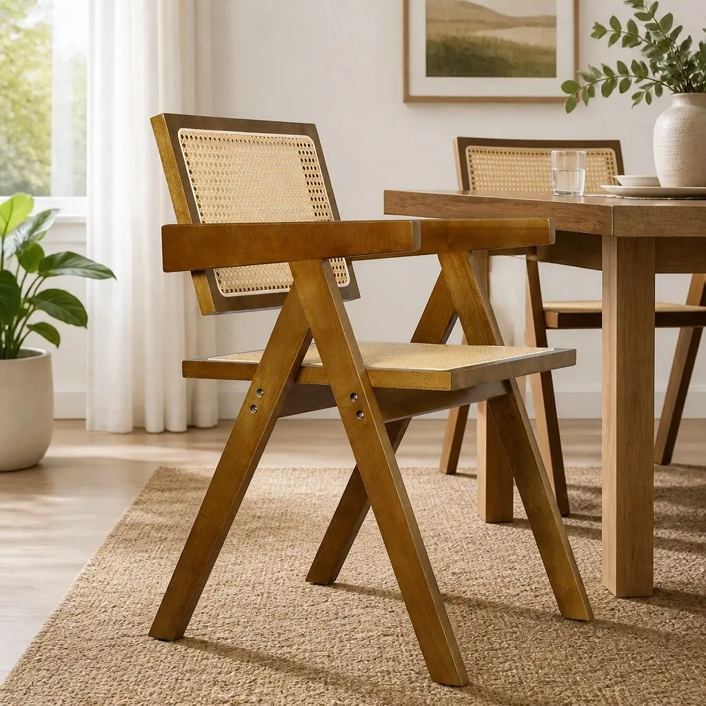 Dining Chair with Armrest Walnut Rattan Wooden Seat Kitchen Furniture Set
