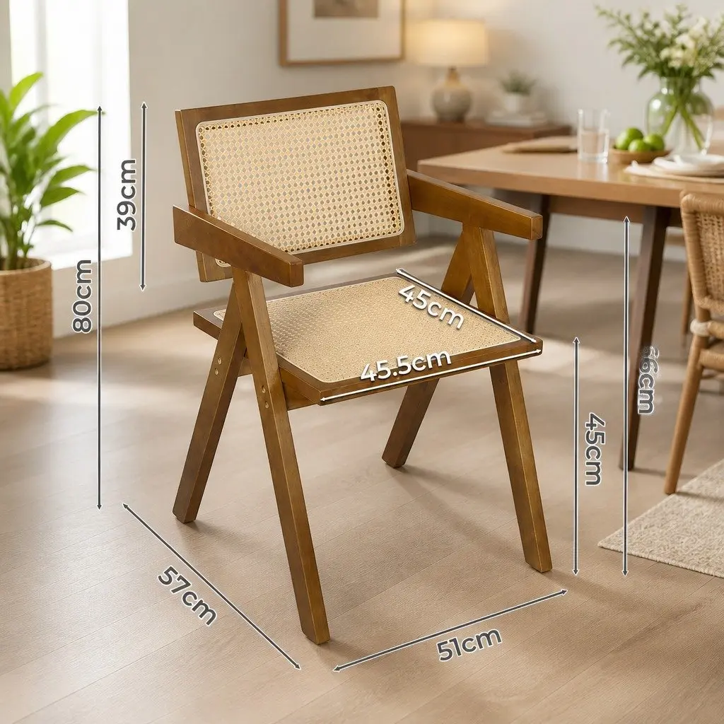 Dining Chair with Armrest Walnut Rattan Wooden Seat Kitchen Furniture Set