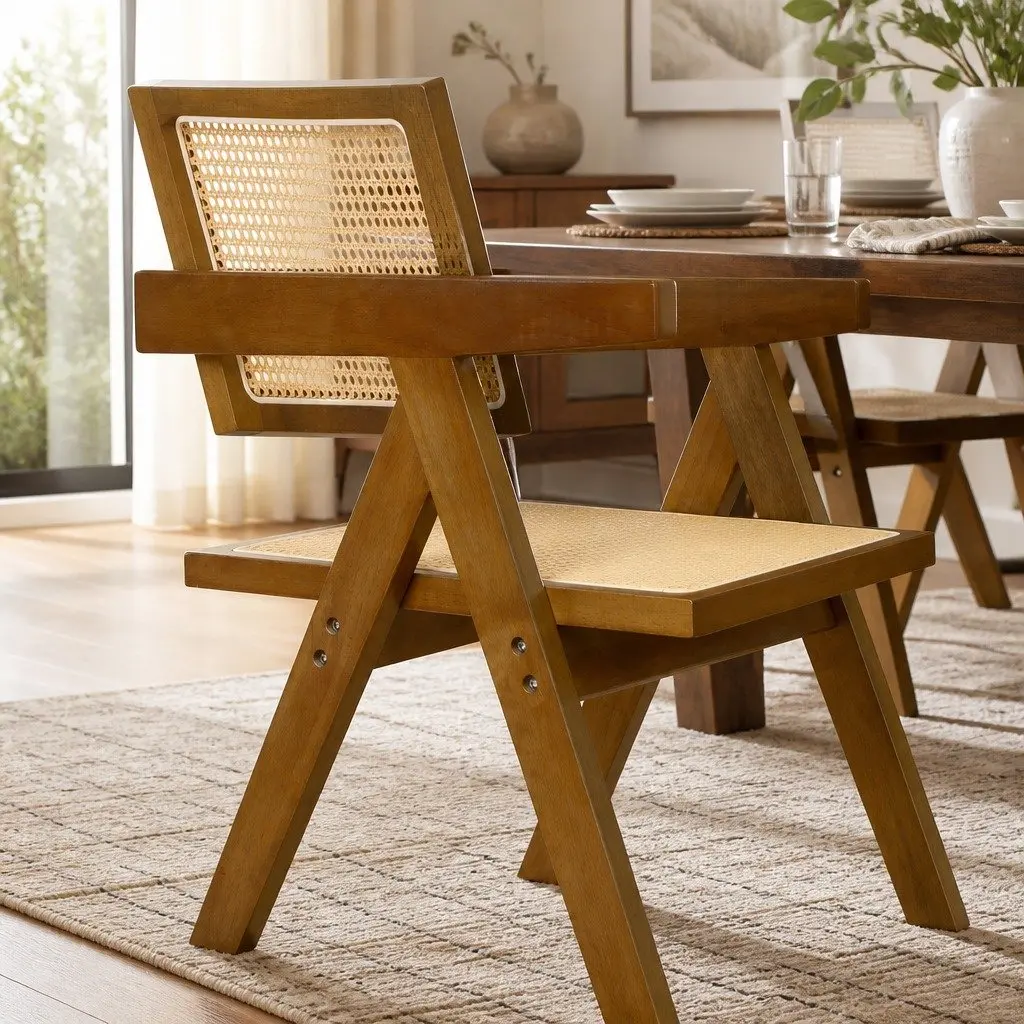Dining Chair with Armrest Walnut Rattan Wooden Seat Kitchen Furniture Set