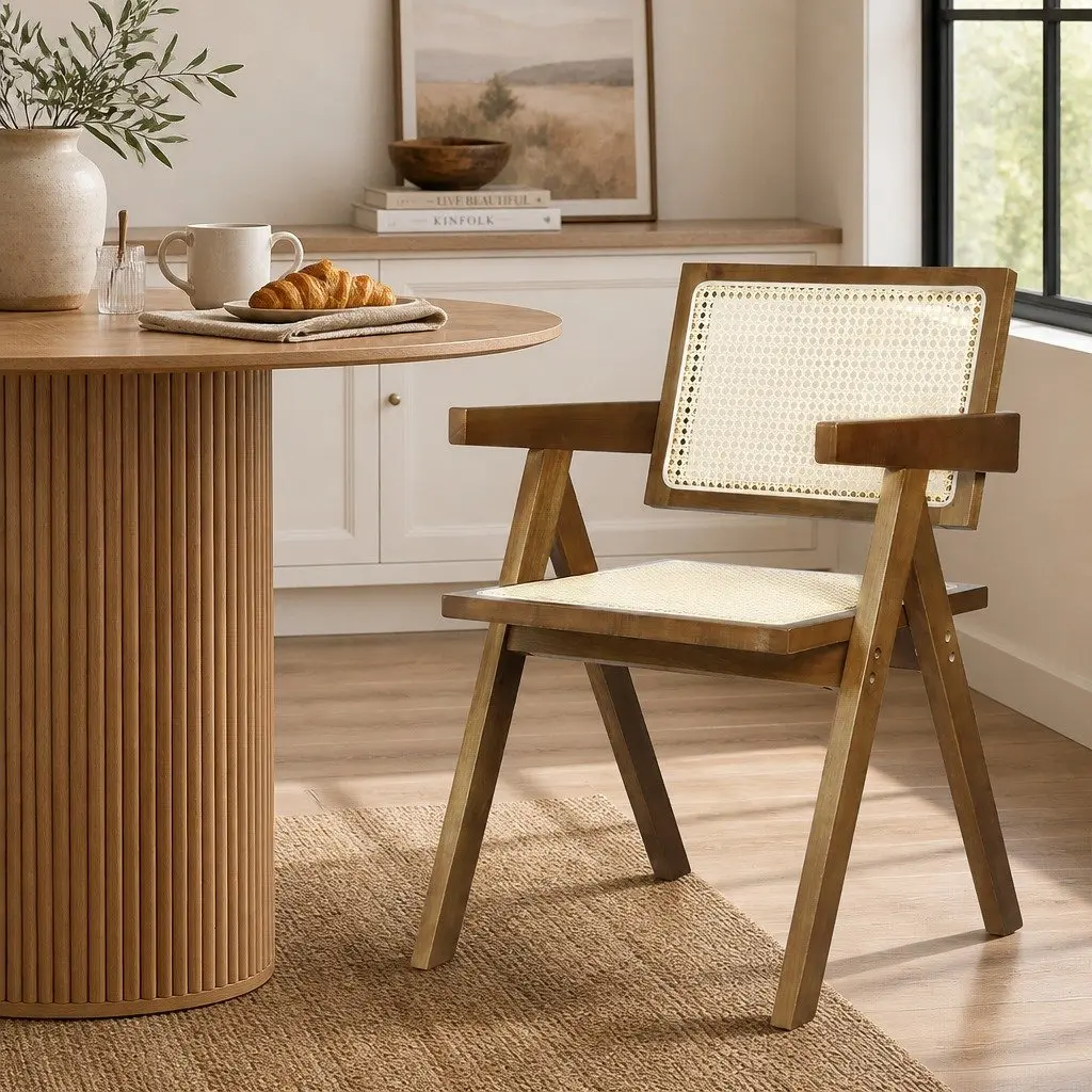 Dining Chair with Armrest Walnut Rattan Wooden Seat Kitchen Furniture Set