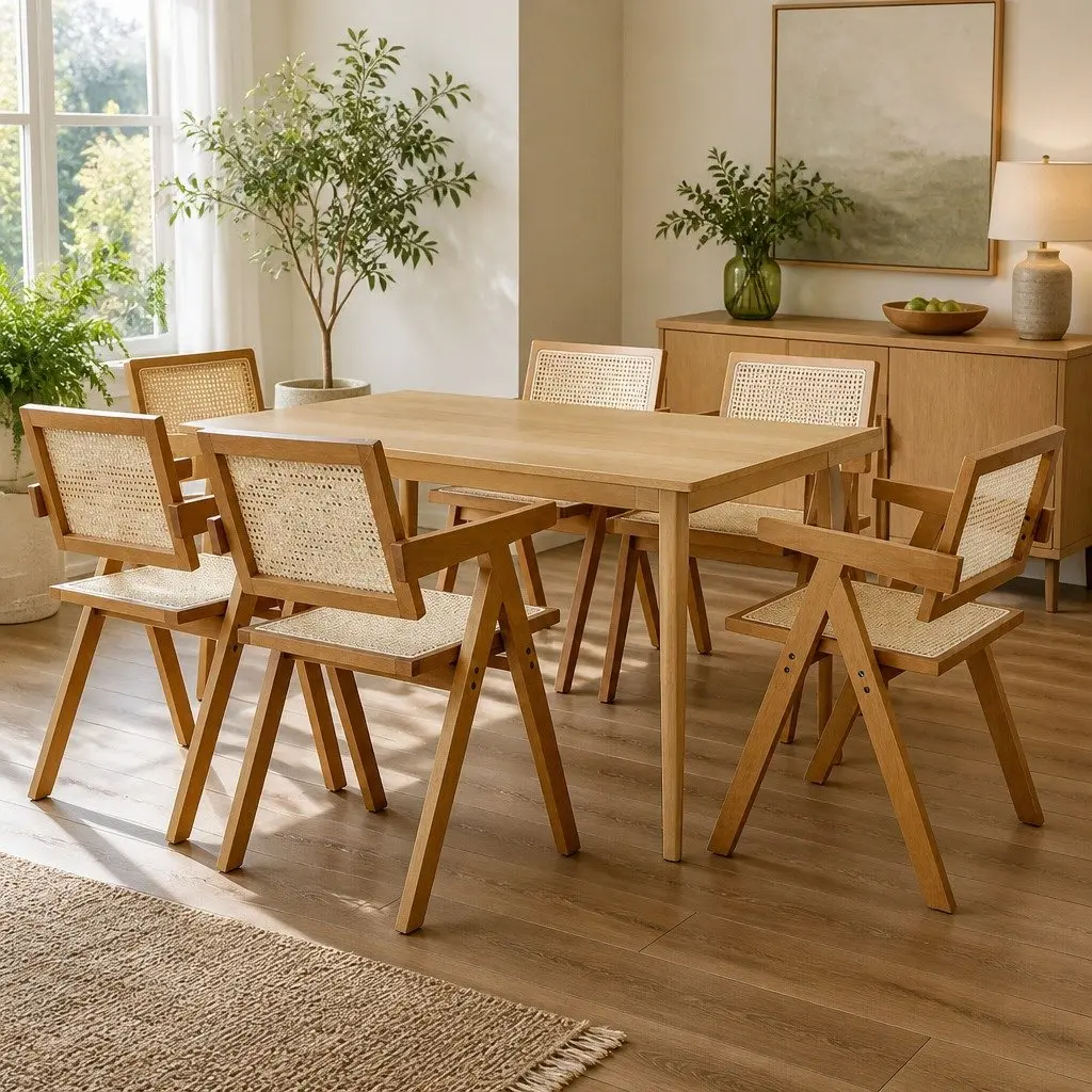 Dining Chair with Armrest Walnut Rattan Wooden Seat Kitchen Furniture Set