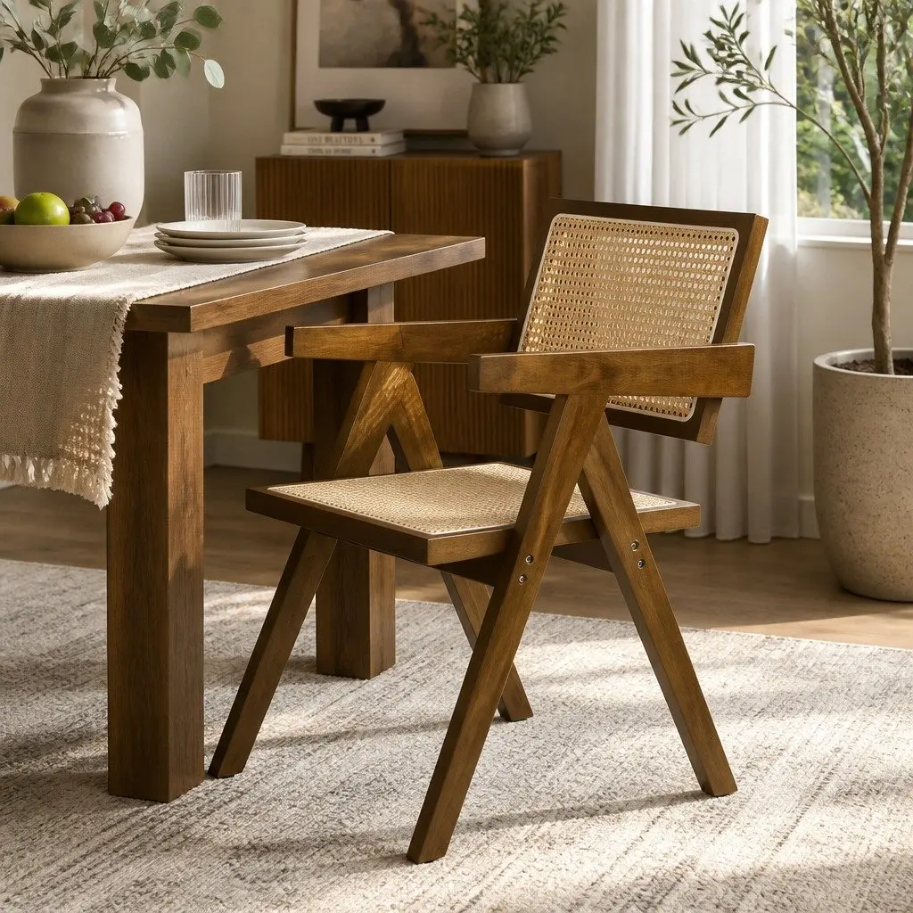 Dining Chair Rattan Weave Walnut Wooden Frame Armchair