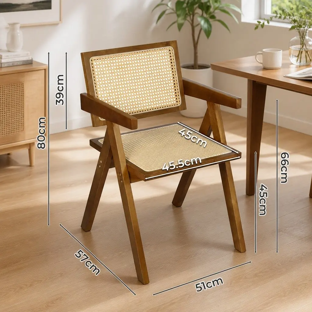 Dining Chair Rattan Weave Walnut Wooden Frame Armchair