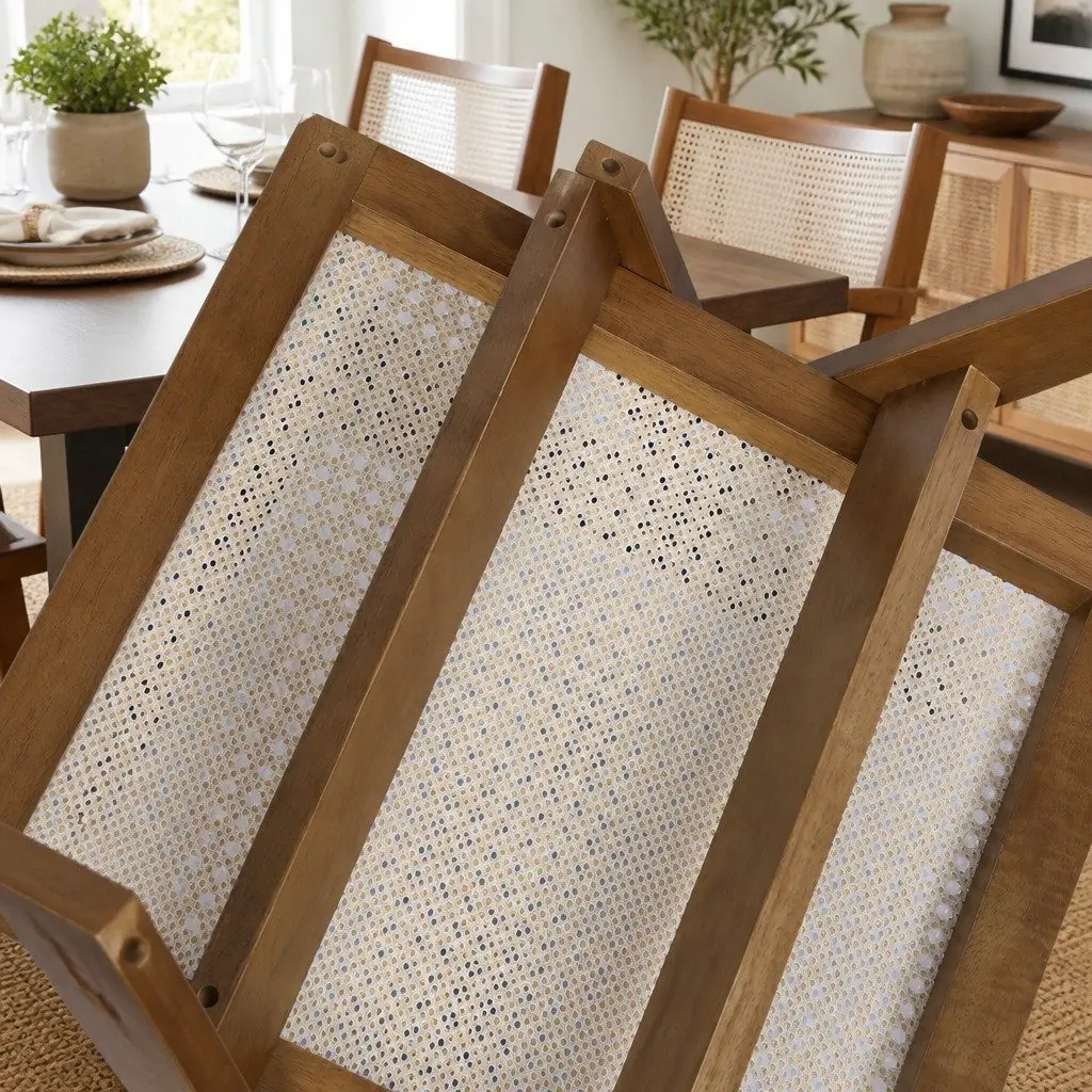 Dining Chair Rattan Weave Walnut Wooden Frame Armchair